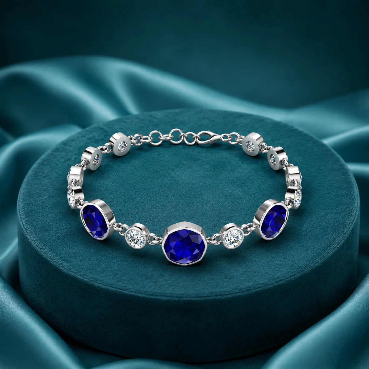 Blue sapphire chain tennis bracelet made from silver