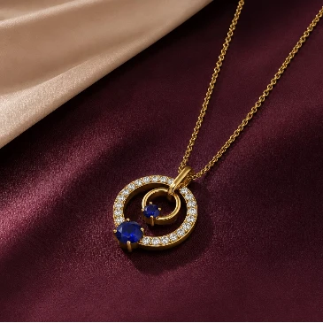 Round Blue Sapphire Circlet Diamond Drop Necklace