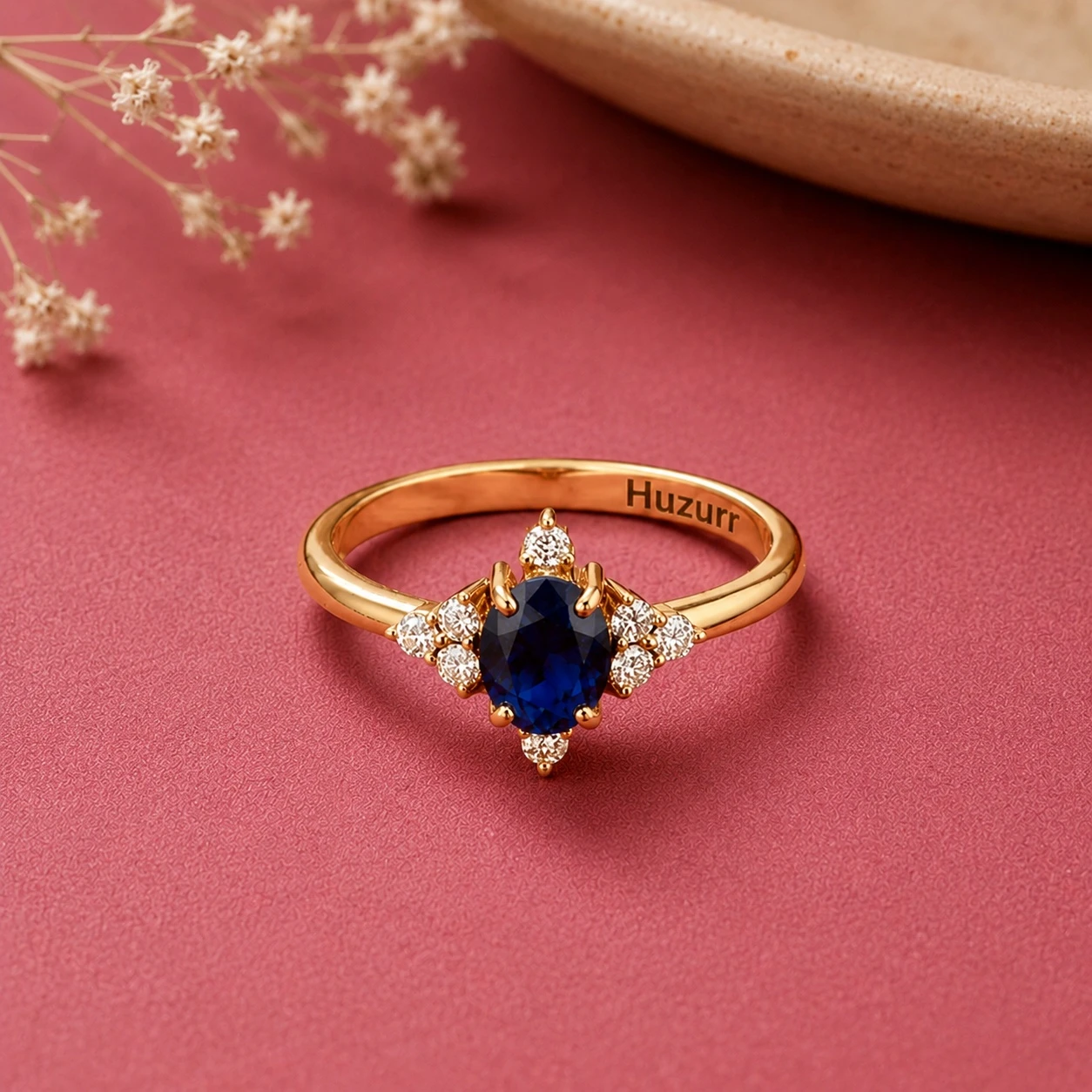 Oval Blue Sapphire Diamond Gold Filled Cluster Ring