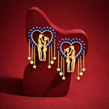 Blue Sapphire Couple Heart Hanging Earrings