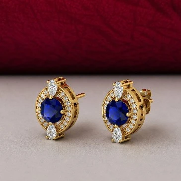 Blue Sapphire & Diamond Cluster Gold Plated Studs Earrings