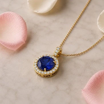 Solitaire Gold Plated Round Blue Sapphire Dangle Pendant