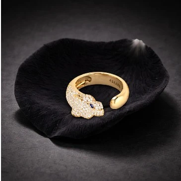 Blue Sapphire And Diamond Panther Head Open Band Ring