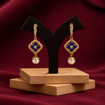 Blue Sapphire Diamond Pearl Gold Plated Earrings