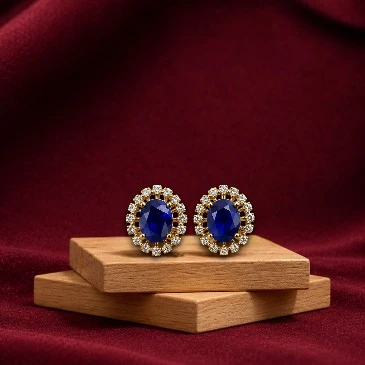 Oval Blue Sapphire Diamond Stud Gold Plated Earrings