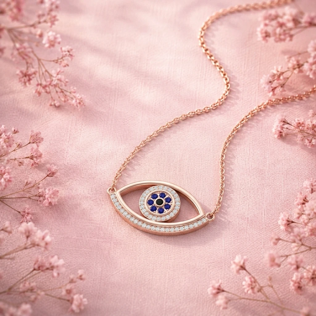 Evil eye charm necklace in rose gold plating with a blue sapphire iris and diamond halo accents
