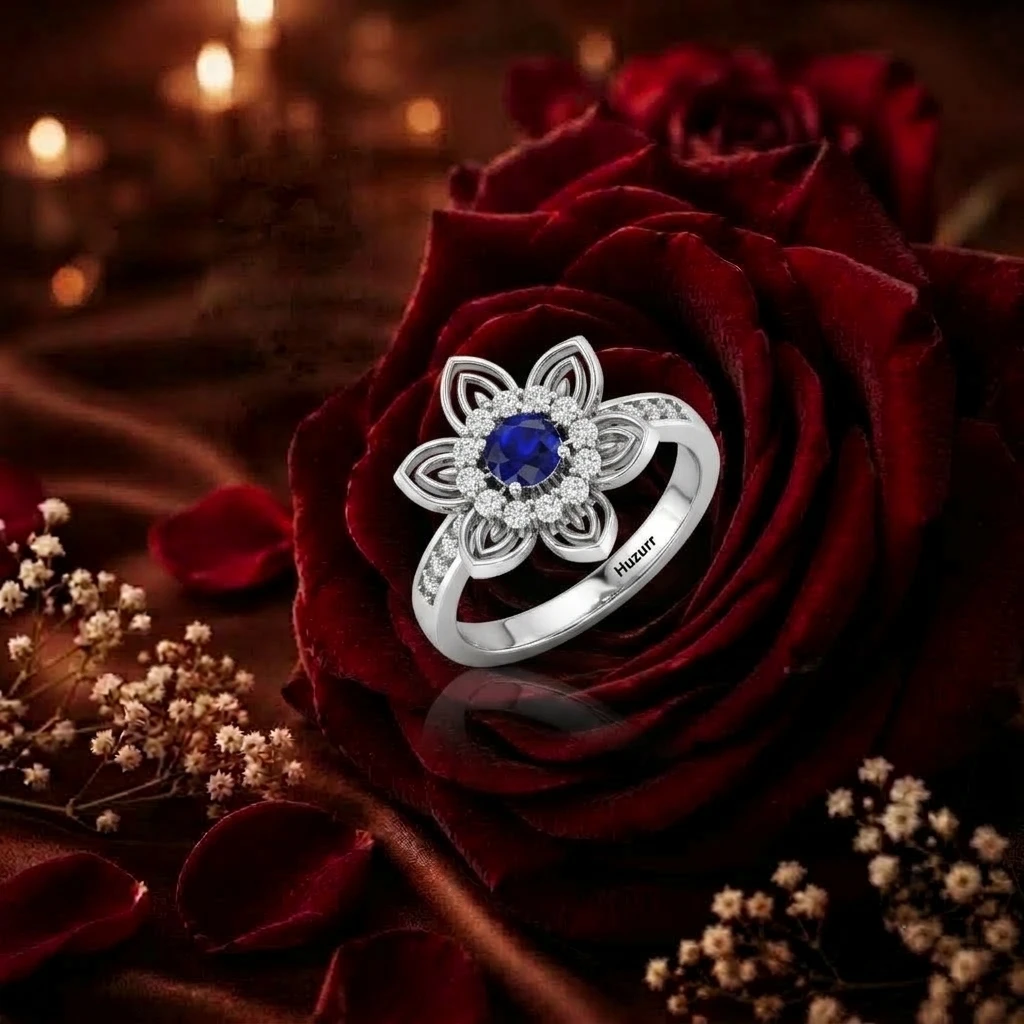Floral design silver ring with a round blue sapphire center and diamond border