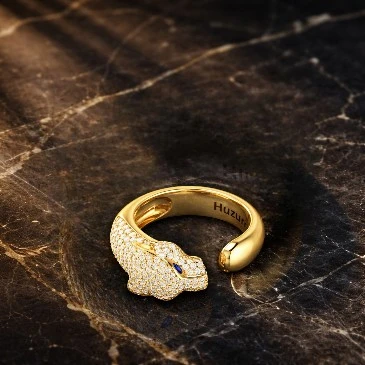 Blue Sapphire And Diamond Gold Filled Panther Head Open Band Ring