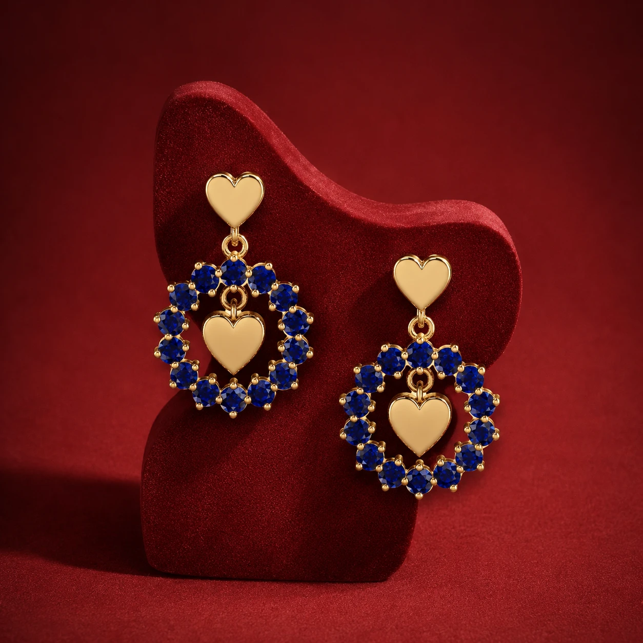 Round Blue Sapphire Heart Drop Earrings