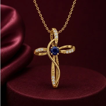 Round Blue Sapphire Infinity Cross Pendant