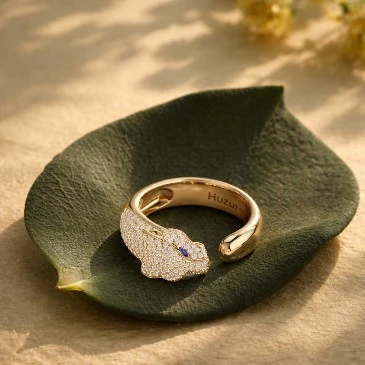 Blue Sapphire And Diamond Panther Head Open Band Ring