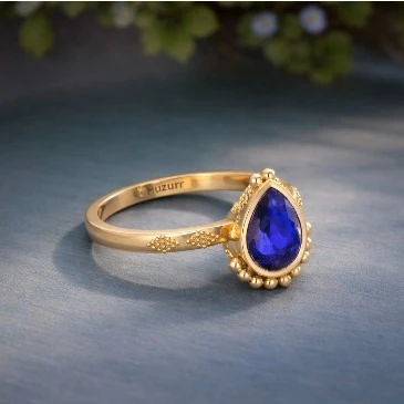 Blue Sapphire Pear Halo Solitaire Ring