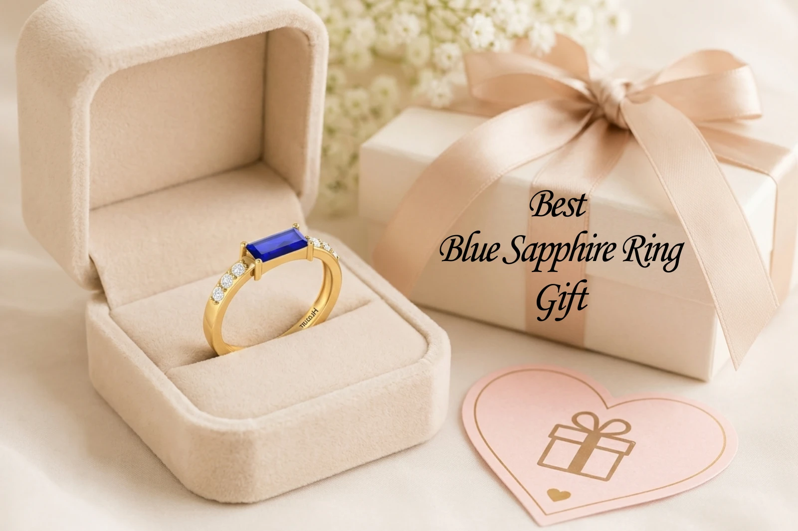 Blue sapphire birthstone ring in a luxury gift box inspired by Elizabeth Huberdeau's birthstone