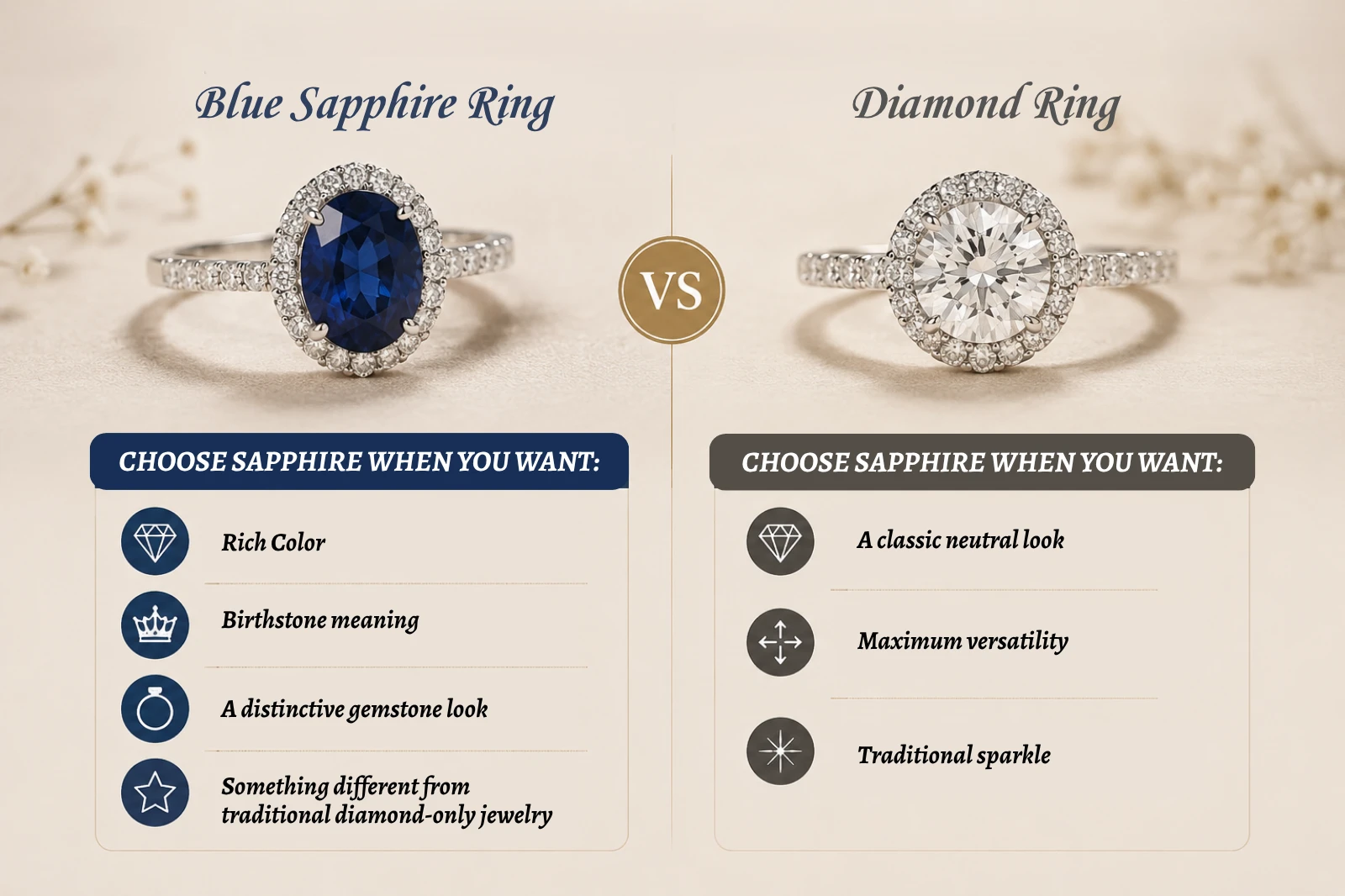 Side-by-side comparison between a blue sapphire ring and a diamond ring