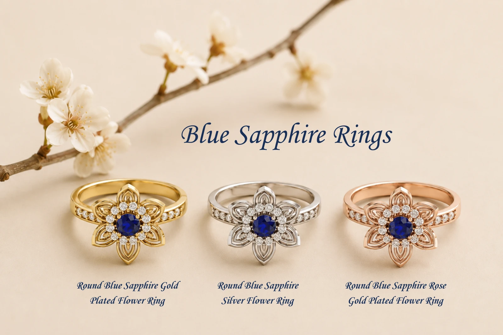 Three matching blue sapphire rings side by side in yellow gold, silver, and rose gold