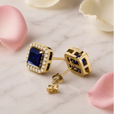 Blue Square Sparkling Halo Stud Earrings