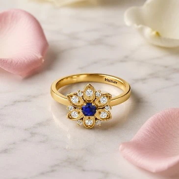 Blue Sapphire Sun Flower Gold Ring
