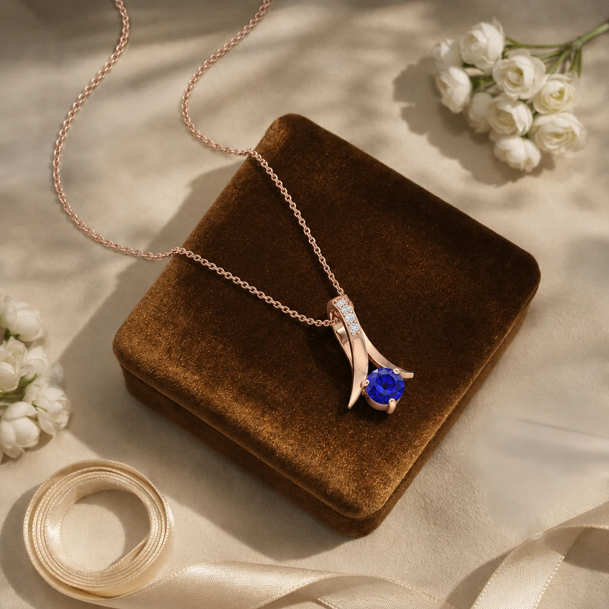 Round blue sapphire prong-set at the base of a ribbon pendant set with tiny diamonds in rose gold plating