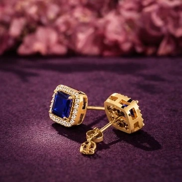 Blue Square Sparkling Halo Stud Earrings