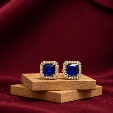 Blue Square Sparkling Halo Stud Earrings