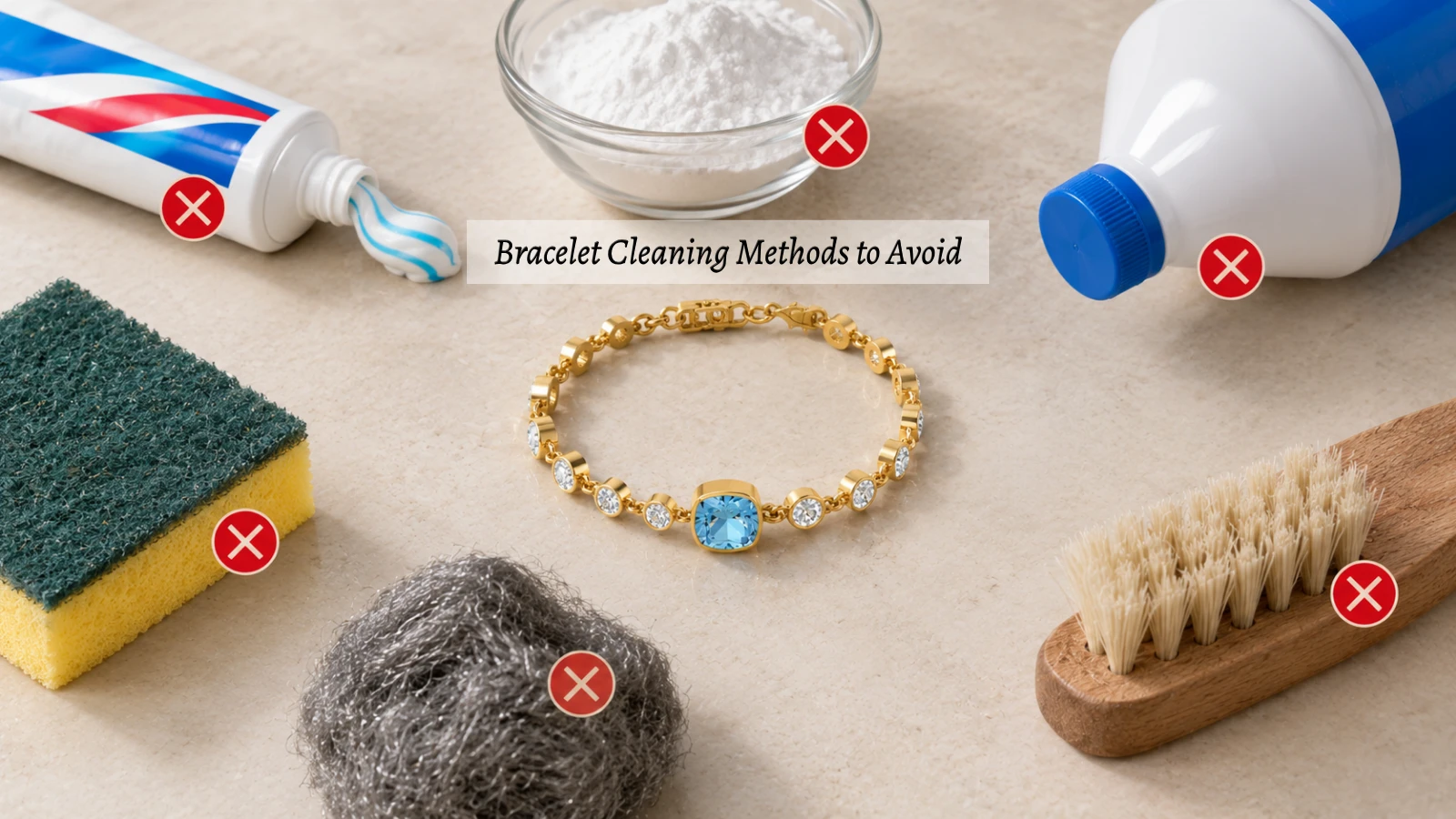 Common bracelet cleaning products and methods that can damage jewelry, including bleach and abrasive cleaners