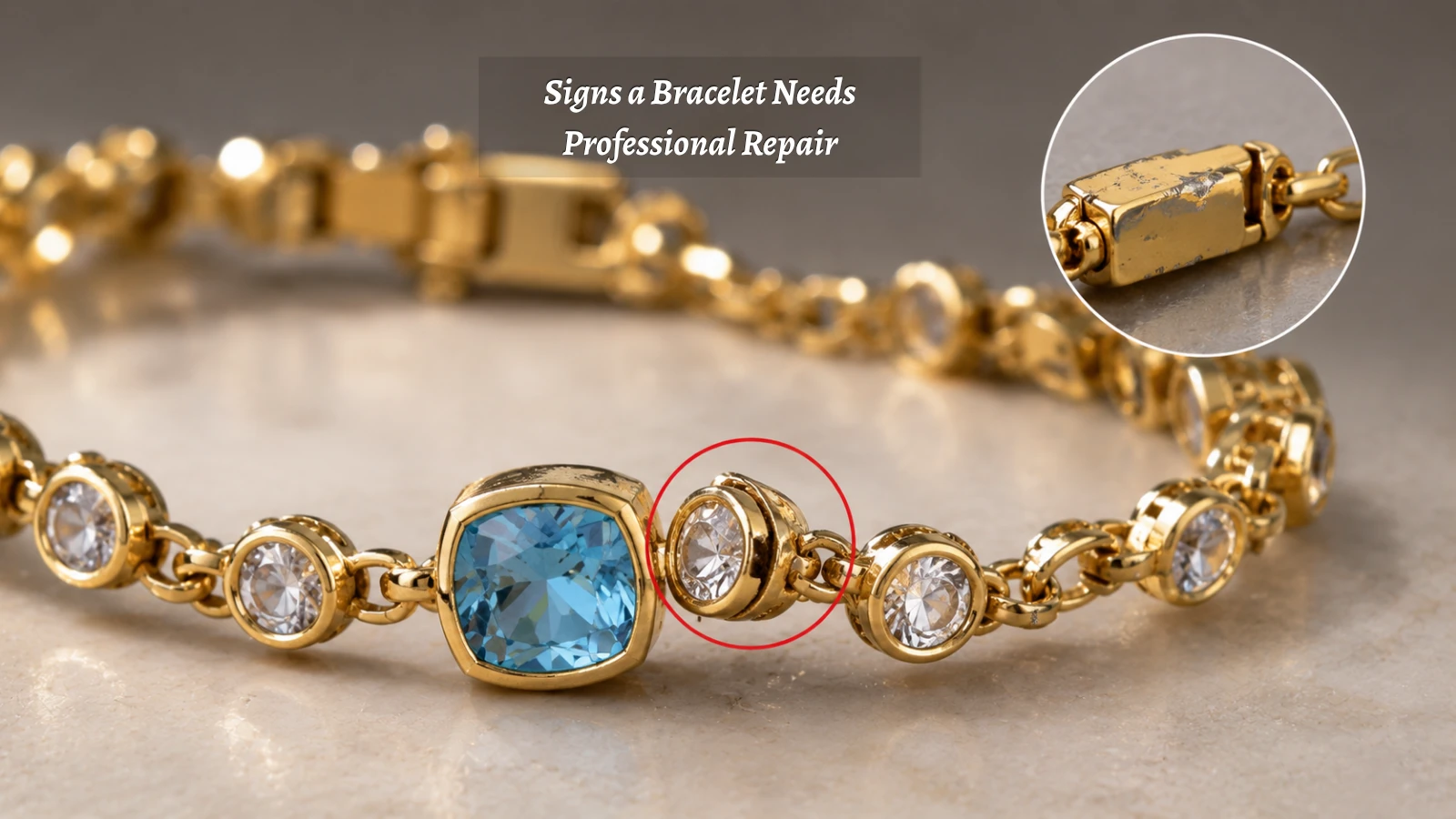 Damaged bracelet showing a loose setting, peeling plating, and damaged clasp