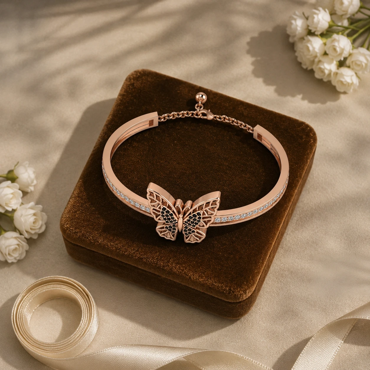 Butterfly bracelet studded with pavé black diamonds and white diamond accents on a rose gold plated band