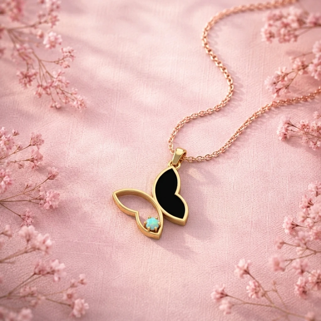 Butterfly gold plated pendant necklace with a black enamel wing and an iridescent round opal accent on other