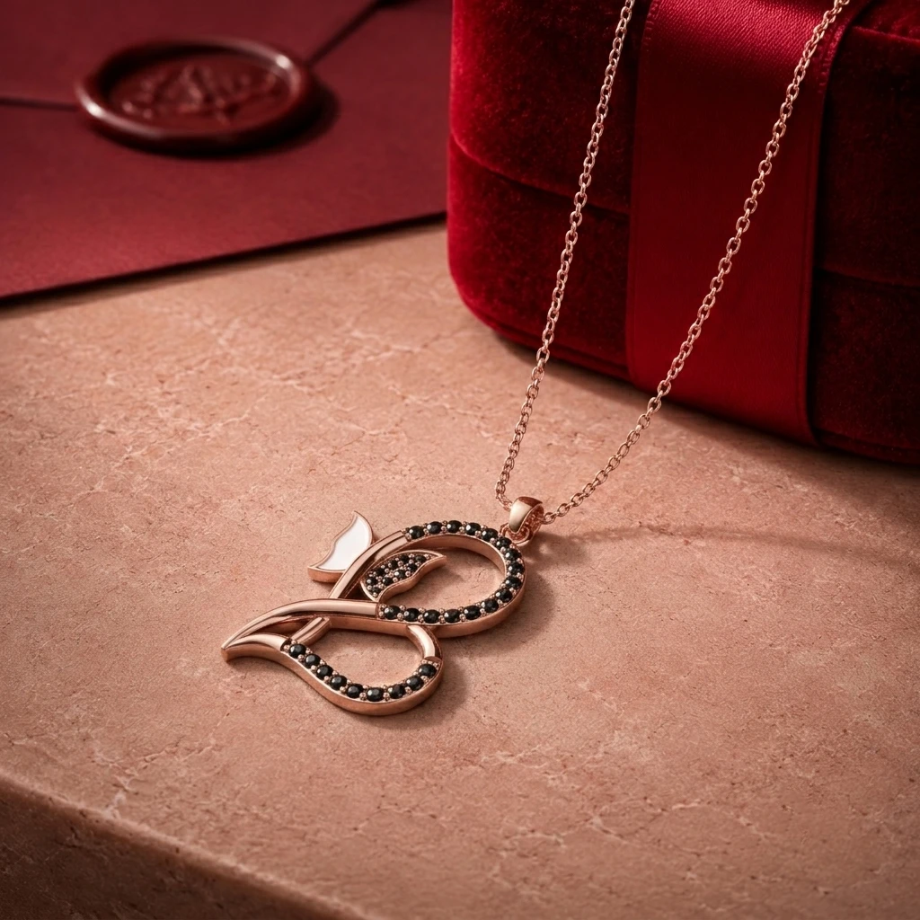 Black diamond heart-shaped rose gold plated pendant with an attached white enamel butterfly charm