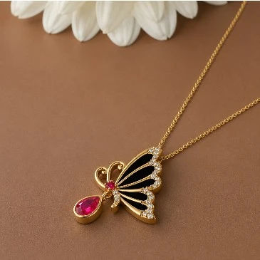 Ruby Gold Plated Black Enamel Butterfly Pendant