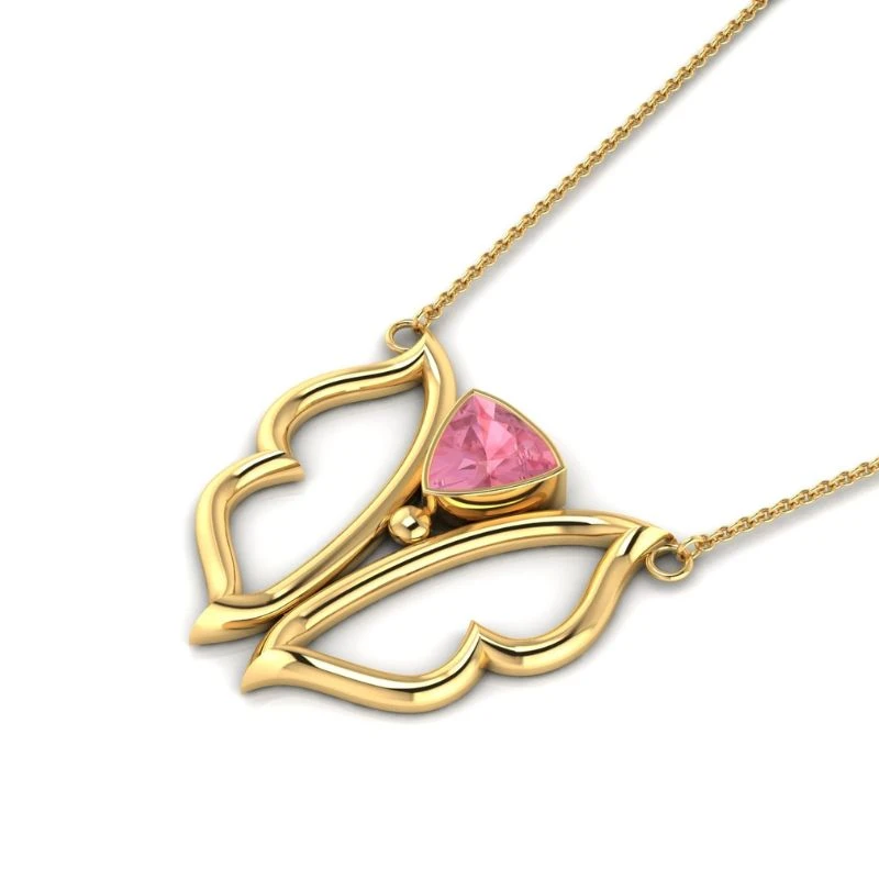 Yellow gold plated butterfly style necklace featuring an openwork wing pendant set with a trillion-cut pink morganite gemstone