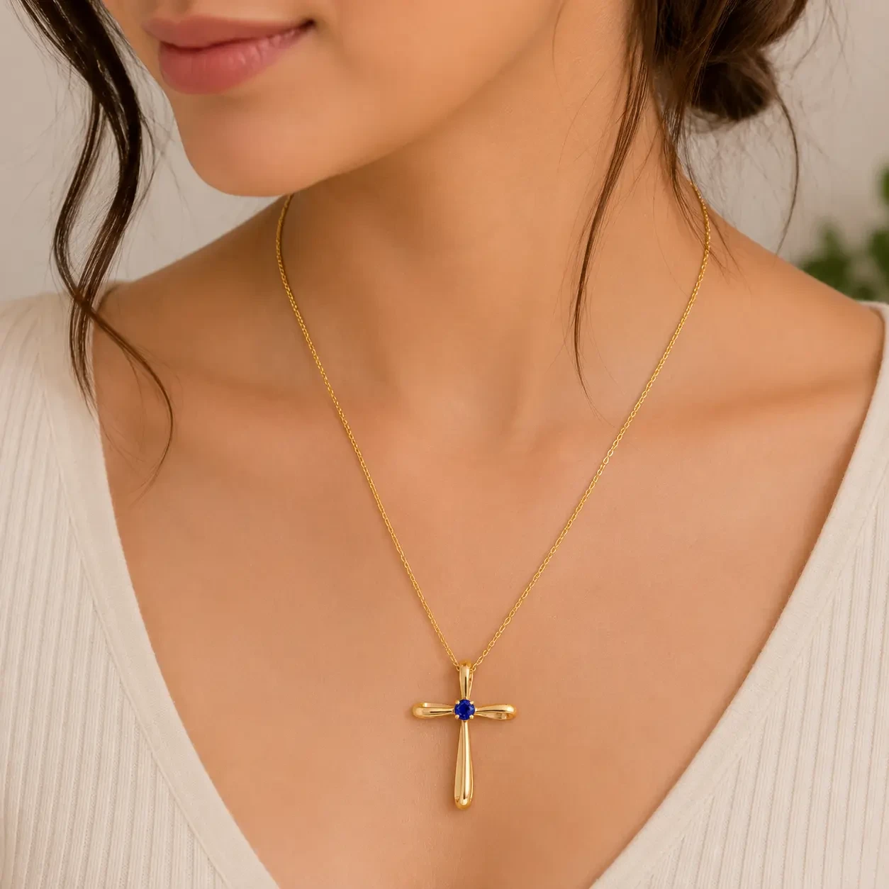 Center Stone Blue Sapphire Gold Plated Cross Pendant