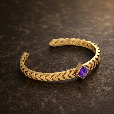 Gold Filled Chevron Handcuff Princess-Cut Amethyst Bracelet