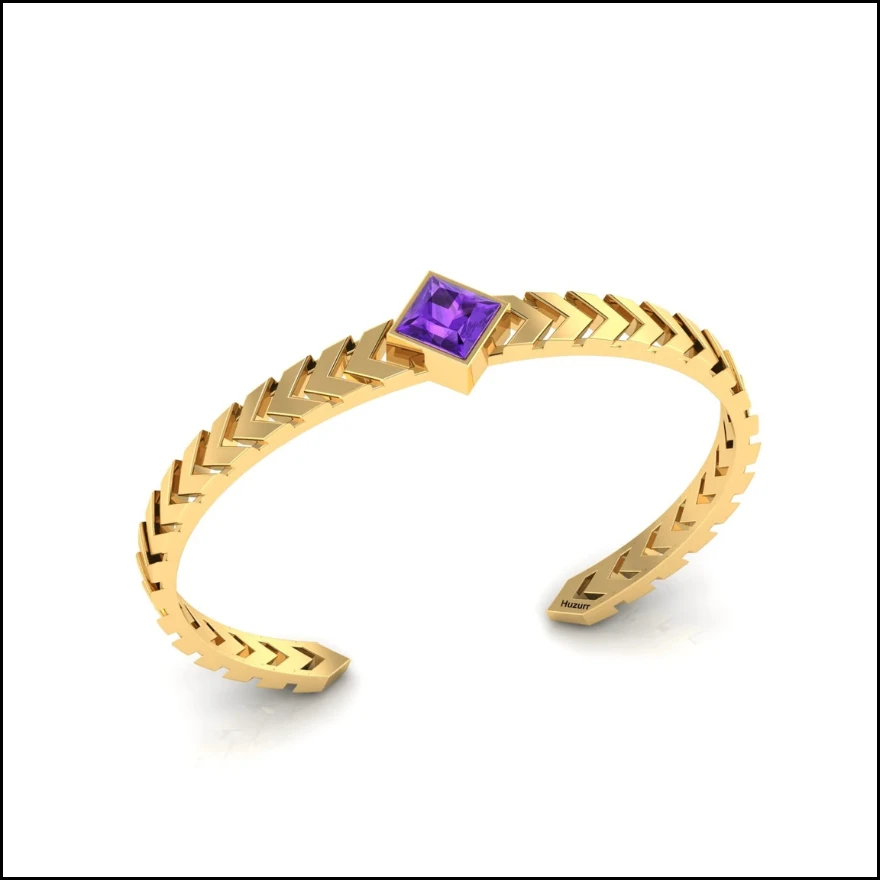 Chevron patterned open cuff bangle bracelet in gold plating featuring a center princess cut purple amethyst gemstone
