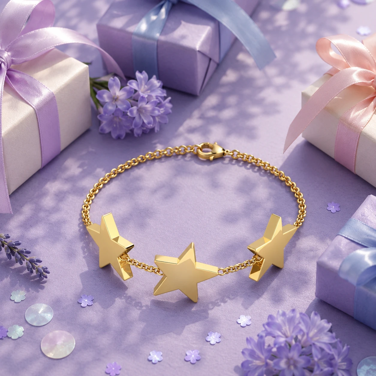 Gold-plated link chain bracelet adorned with three dangling star charms for children