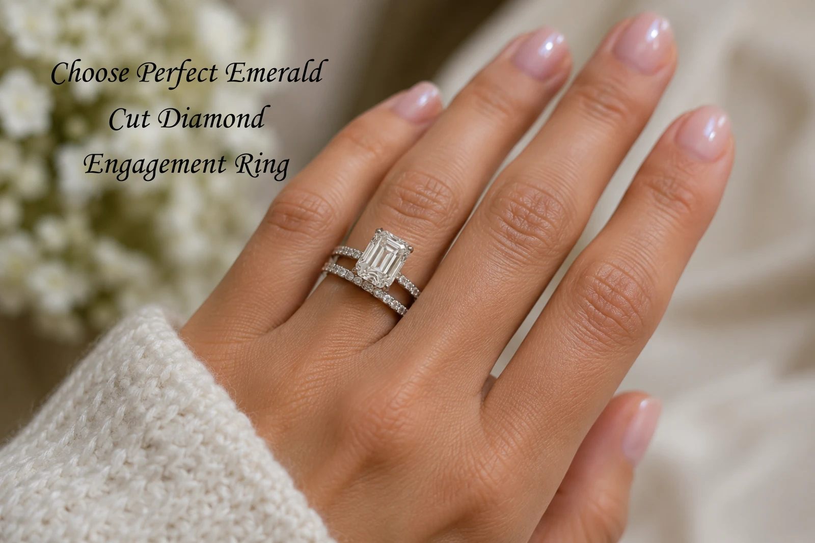 Woman choosing an emerald cut engagement ring with matching wedding ring