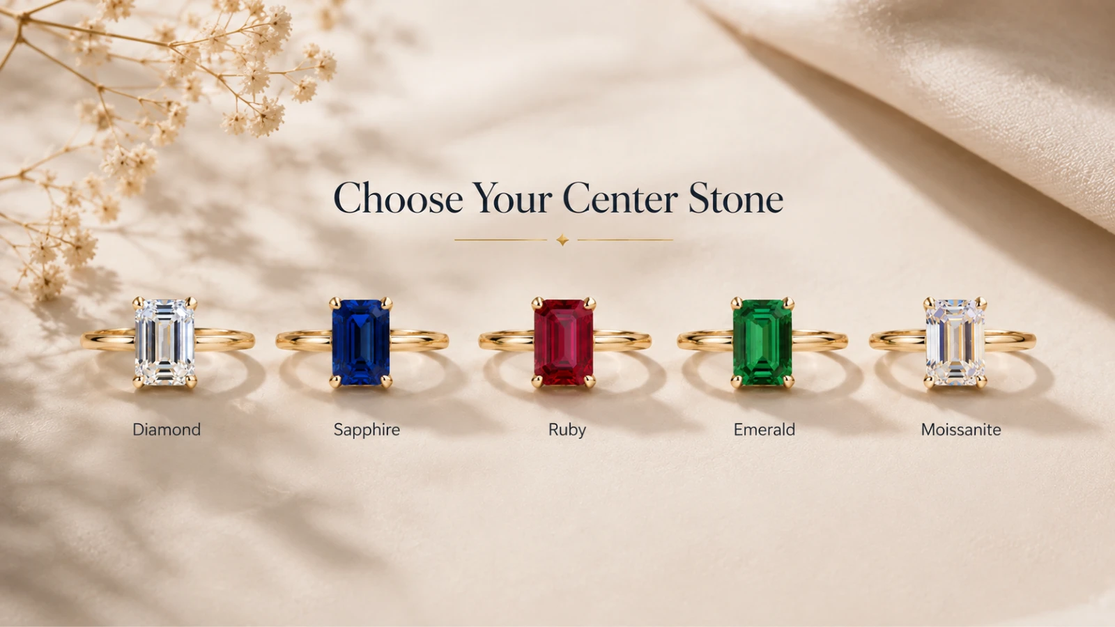 Choose your engagement ring center stone options including diamond, sapphire, ruby, emerald, and moissanite