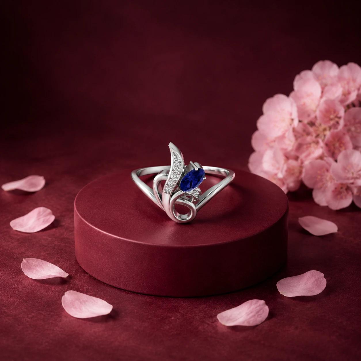 Classic flare leaf silver ring featuring an oval tanzanite set at center with tiny diamond accents