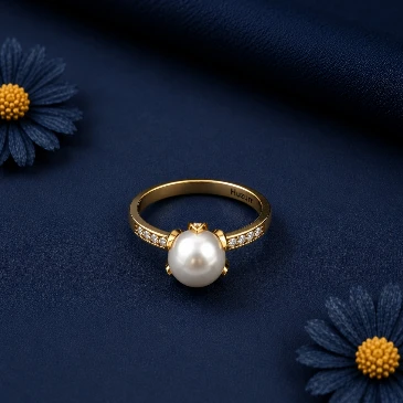 Classy Round Pearl With Moissanite Vintage Gold Plated Ring