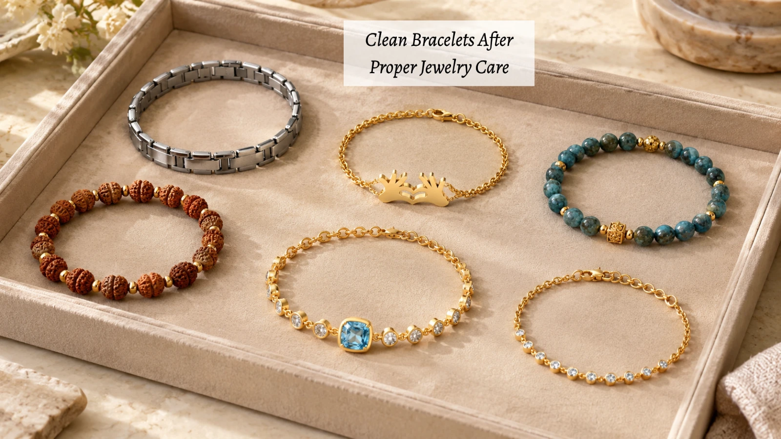 Clean and well-maintained bracelets arranged on a jewelry tray