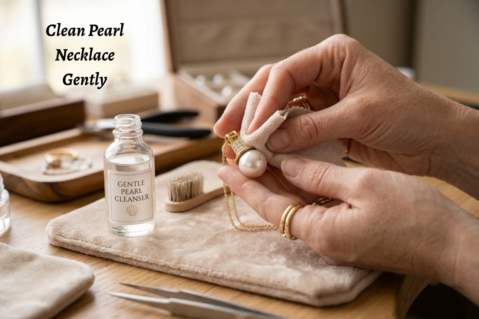 Pearl necklace being gently cleaned with a soft cloth