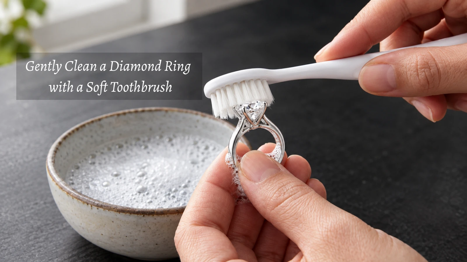 Gently cleaning a diamond ring with a soft toothbrush