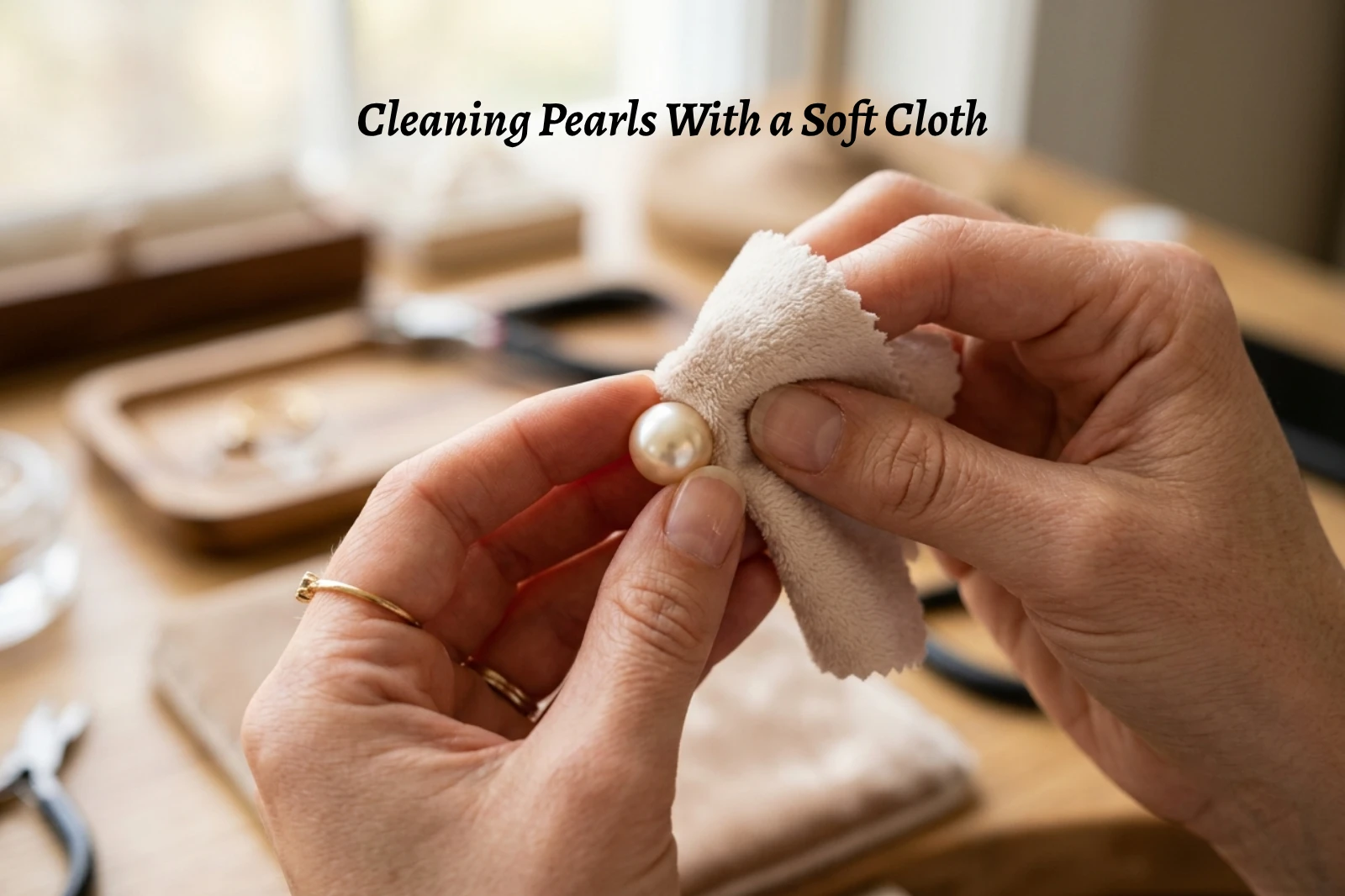 A pearl  being gently wiped with a soft cloth
