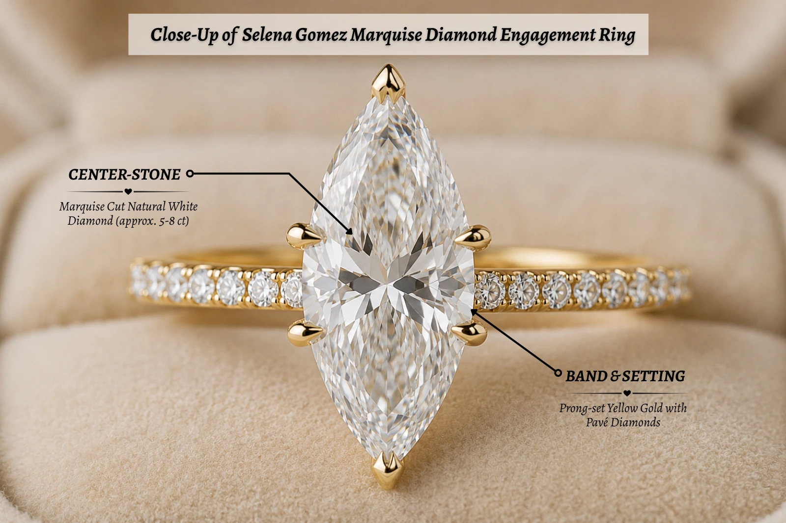 Close-Up of Selena Gomez Marquise Diamond Engagement Ring