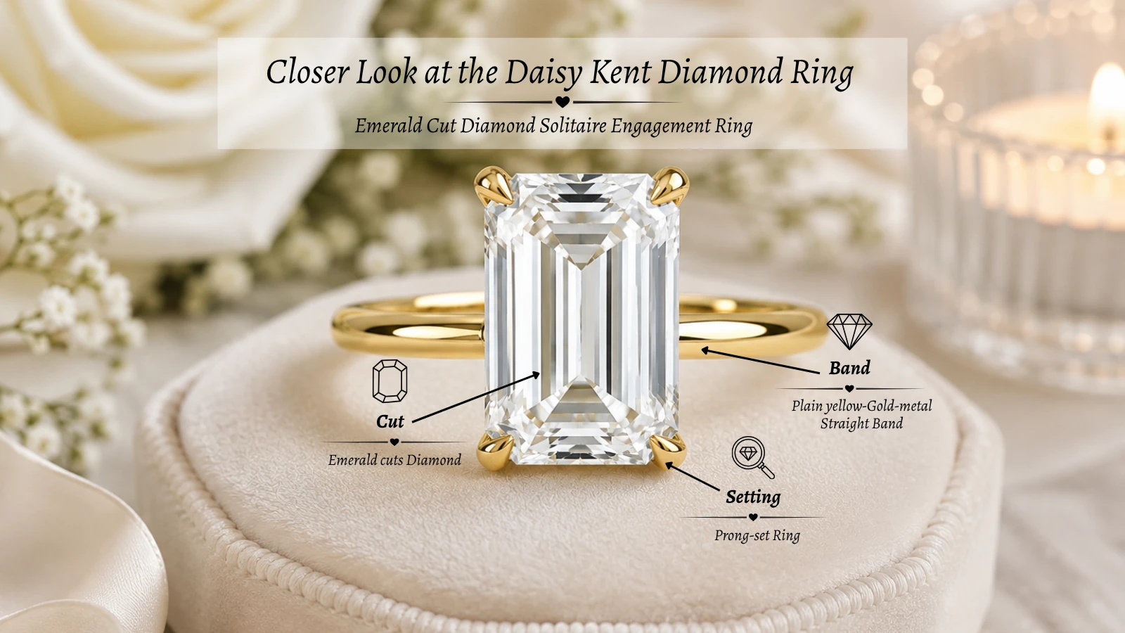 Closer Look at emerald cut diamond solitaire engagement ring inspired by Daisy Kent's elegant ring style