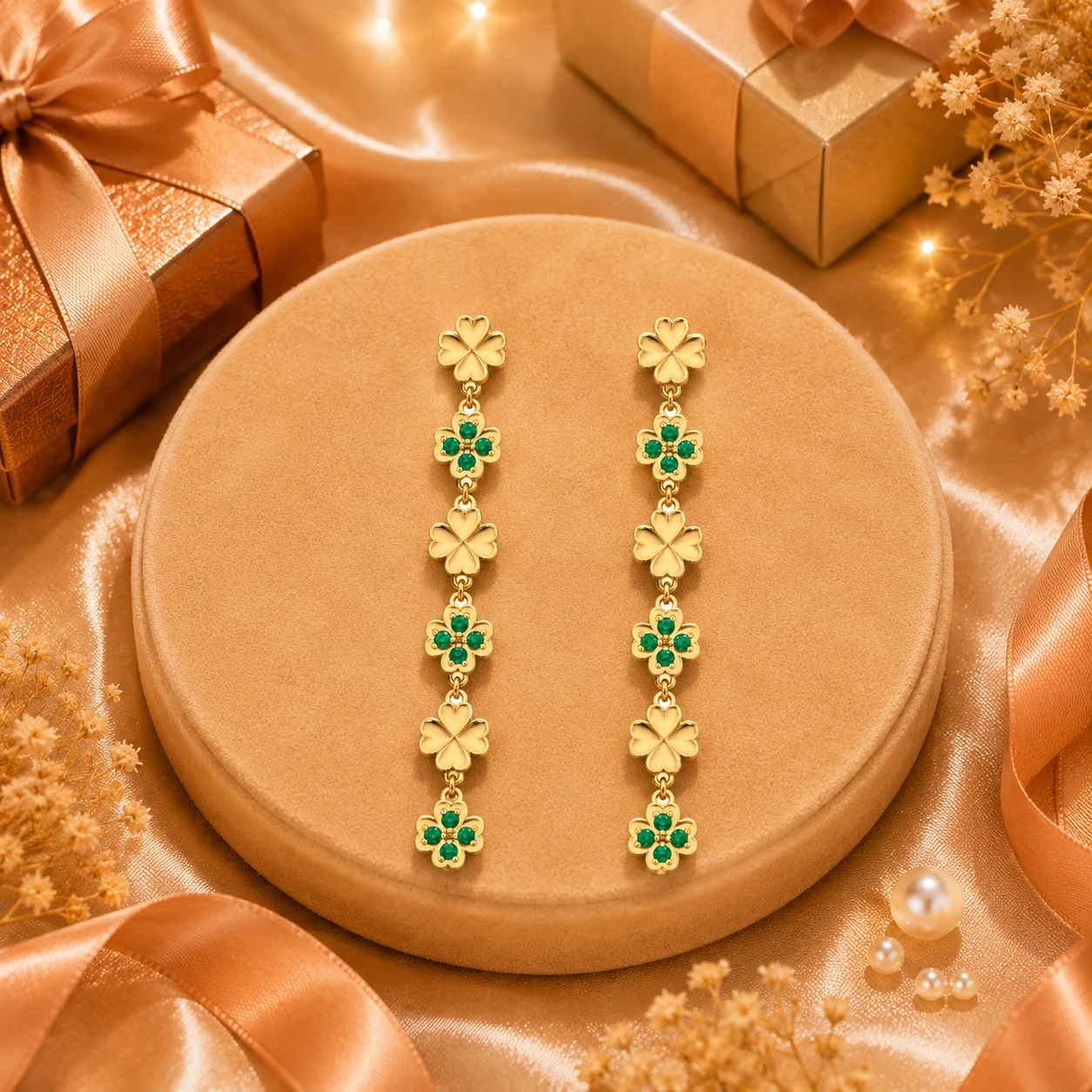 Lightweight four-leaf clover drop and dangler earrings glowing with rich green emerald  plated  in gold setting