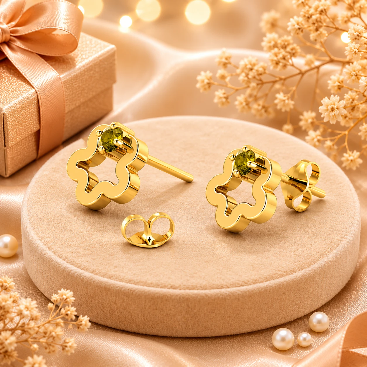 Open-frame floral stud earrings feature a gold-plated clover cutout design set with a coffee diamond and come with secure butterfly push-back closures.