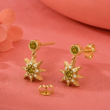 Gold Plated Round Coffee Diamond Starburst Drop Earrings