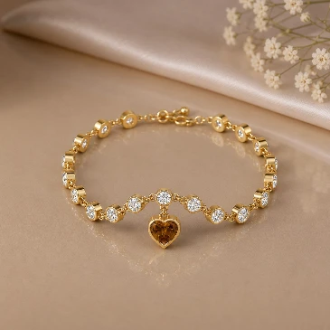 Tennis Coffee Heart Charm Gold Filled Diamond Bracelet