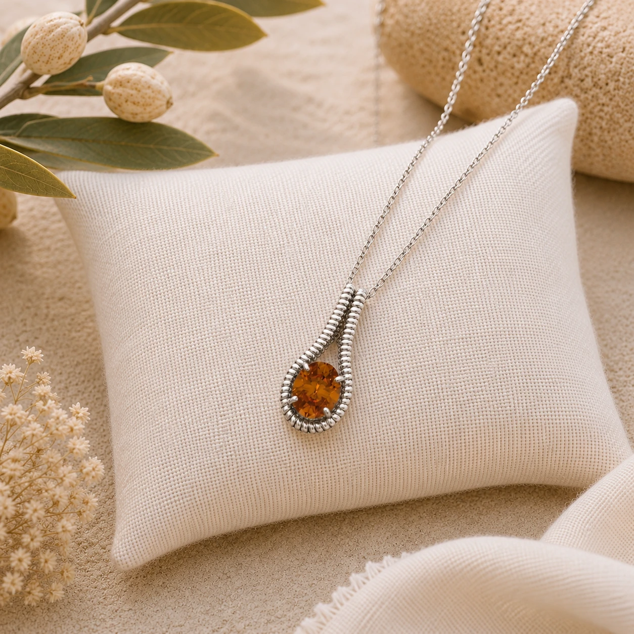 Coffee-colored, oval diamond solitaire pendant necklace featuring a textured silver twisted-rope frame.